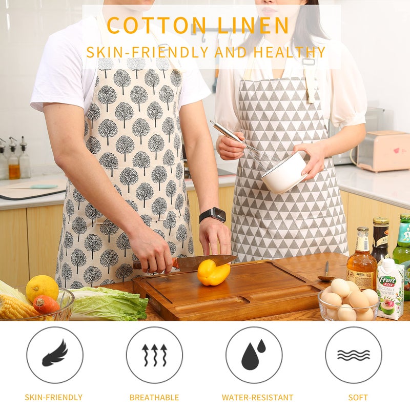 Tosewever 2 Pieces Cotton Linen Waterproof Bib Apron with 2 Pockets - Long Ties Adjustable Neck Strap - Unisex Cooking Kitchen Decorative Pattern Aprons for Women Chef (Triangle/Tree, 2) - Image 2